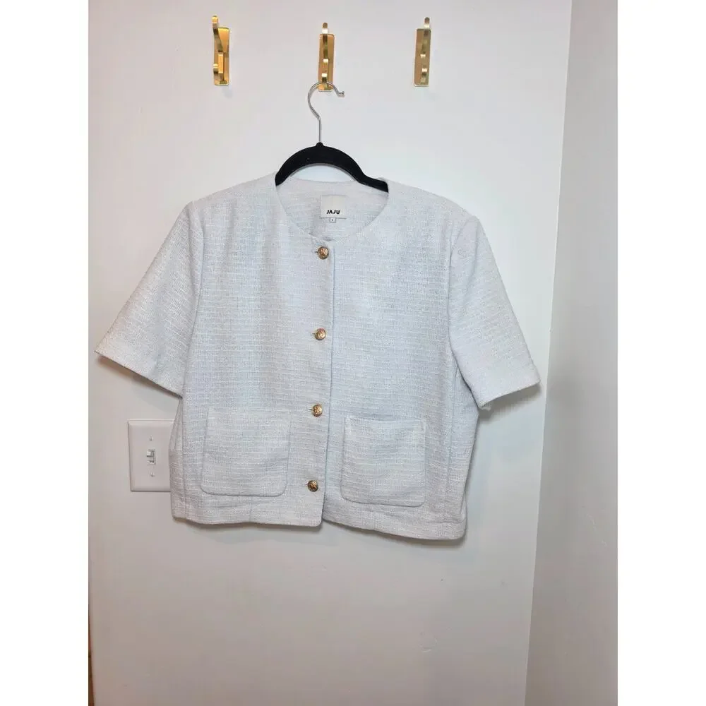 Women's Tweed Lady Jacket Large Sky Blue Cropped Gold Button Korean Old Money